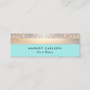 Elegant Modern Sequin and Gold Striped Turquoise Mini Business Card