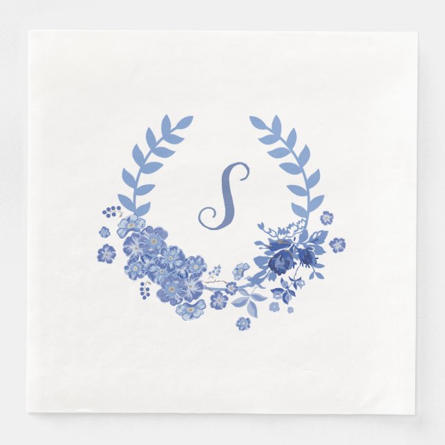 Elegant Modern Shabby Chic Blue Floral Paper Dinner Napkins (Front)