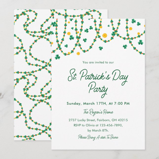 Elegant Modern Shamrock Clover Saint Patrick's Day Invitation (Front/Back)