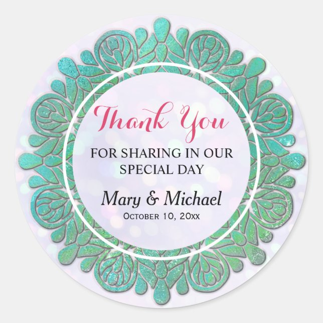 Elegant Modern Shiny Turquoise Mandala Thank You Classic Round Sticker (Front)