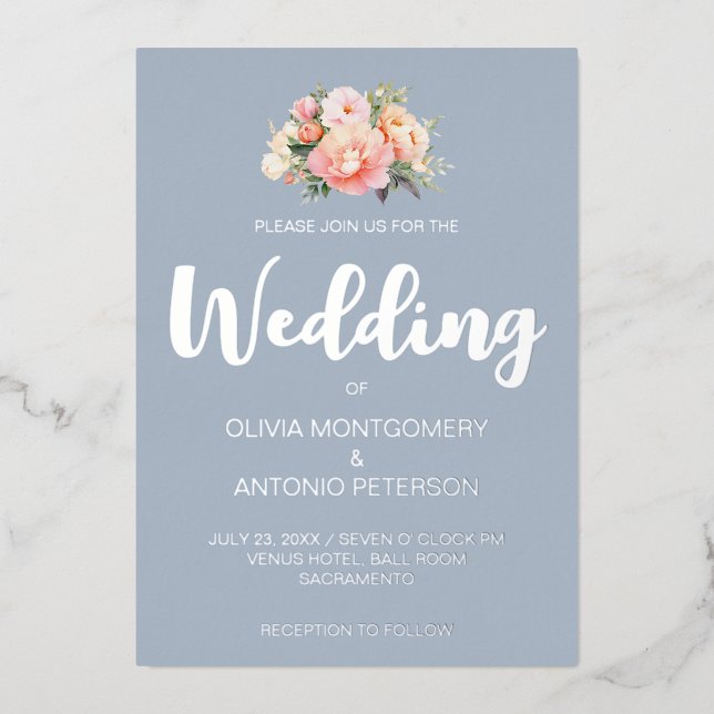 Elegant Modern Silve Pink Peony Dusty Blue Wedding Foil Invitation (Front)