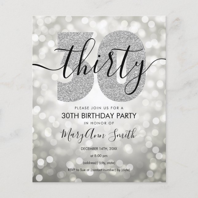 Elegant Modern Silver 30th Birthday Party Invite Flyer (Front)