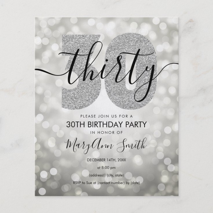 Elegant Modern Silver 30th Birthday Party Invite Flyer | Zazzle