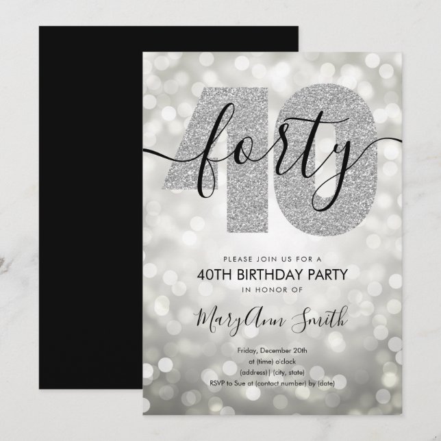 Elegant Modern Silver 40th Birthday Party Invitation (Front/Back)