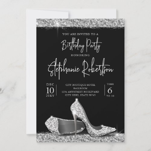 Elegant Modern Silver Black High Heels Birthday Invitation