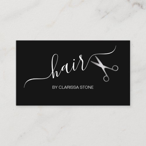 Elegant modern silver  black scissors hairstylist business card