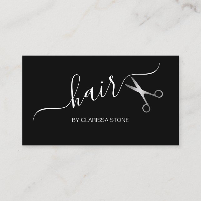Elegant modern silver & black scissors hairstylist business card (Front)