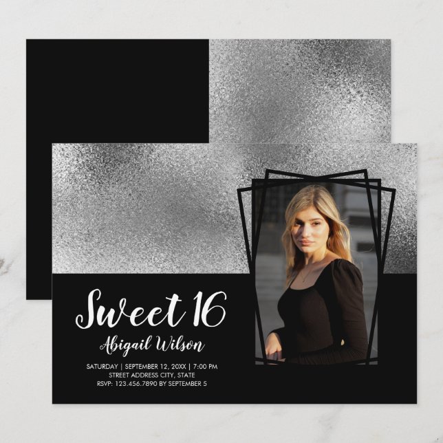 Elegant modern silver black sweet sixteen birthday invitation (Front/Back)
