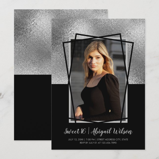 Elegant modern silver black sweet sixteen birthday invitation (Front/Back)