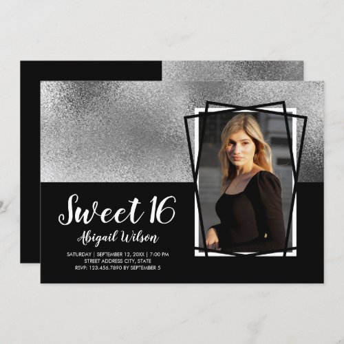 Elegant modern silver black sweet sixteen birthday invitation