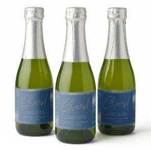 Elegant Modern Silver Cheers Navy Blue Sparkling Wine Label