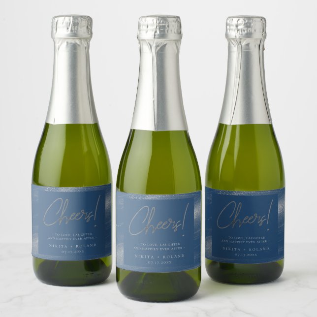 Elegant Modern Silver Cheers Navy Blue Sparkling Wine Label (Bottles)