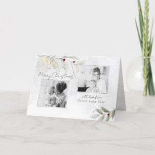 Elegant Modern Silver Christmas Floral 2-Photo Holiday Card
