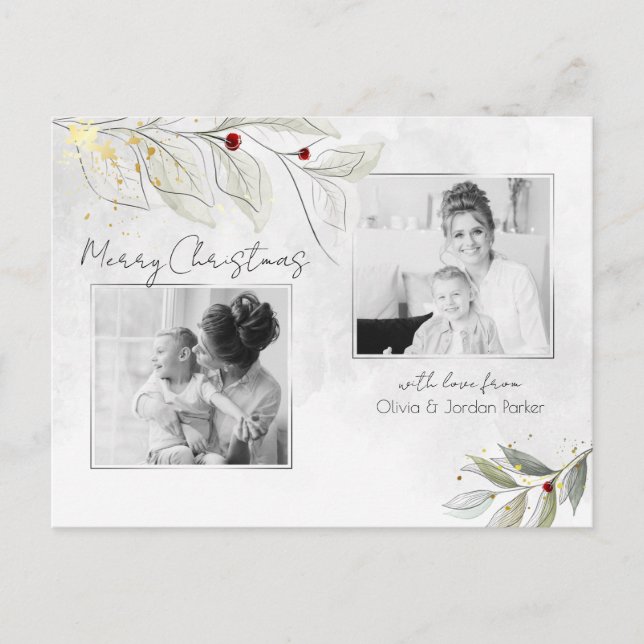 Elegant Modern Silver Christmas Floral 2-Photo Holiday Postcard (Front)