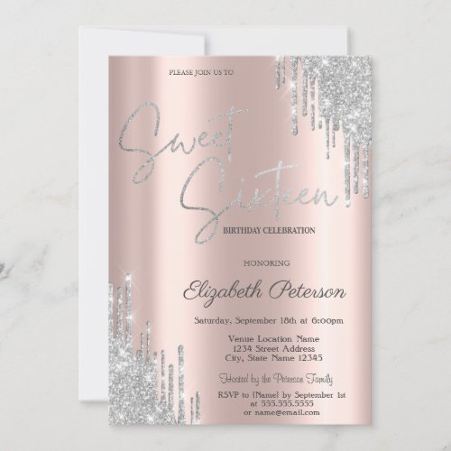 Elegant Modern Silver Drips Sweet 16 Invitation