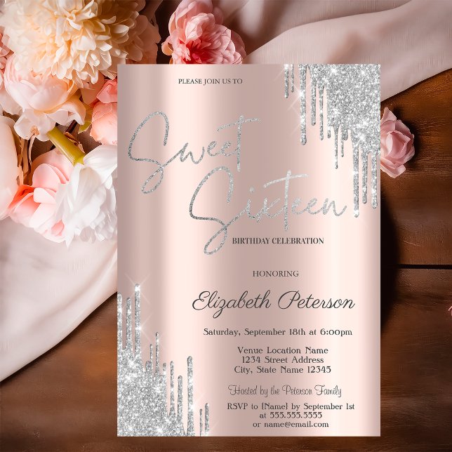 Elegant Modern Silver Drips Sweet 16 Invitation (Creator Uploaded)