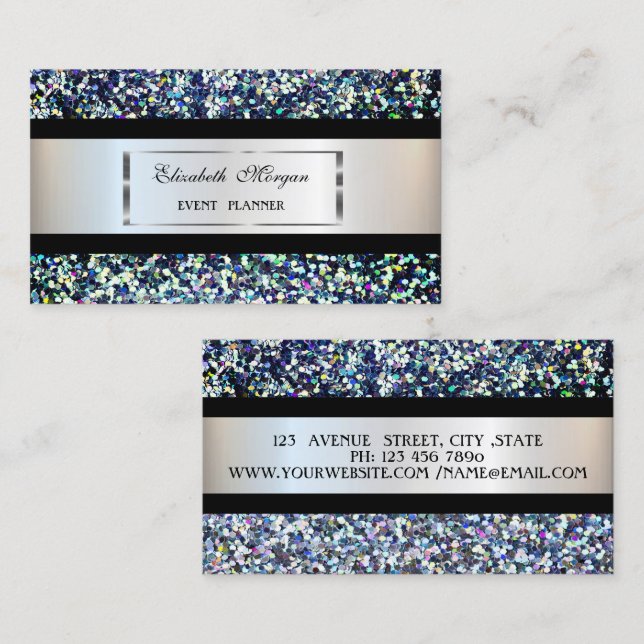 Elegant Modern,Silver Frame,Black Stripe,Sequins Business Card (Front/Back)