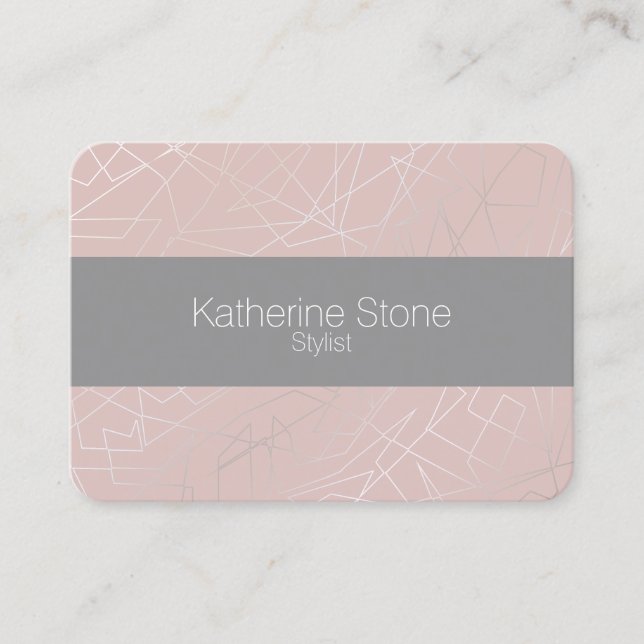 Elegant modern silver geometric triangles pink business card (Front)