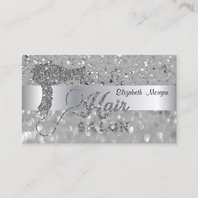 Elegant  Modern, Silver Glitter Bokeh Hairdryer Business Card (Front)