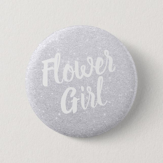 Elegant modern silver glitter flower girl wedding button (Front)