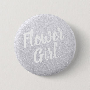 Elegant modern silver glitter flower girl wedding button