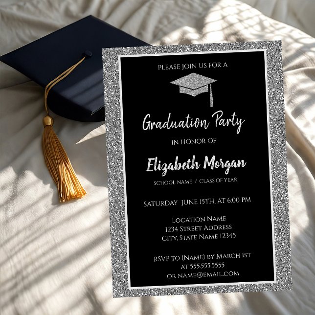 Elegant Modern Silver Glitter Graduation Cap Invitation (Creator Uploaded)