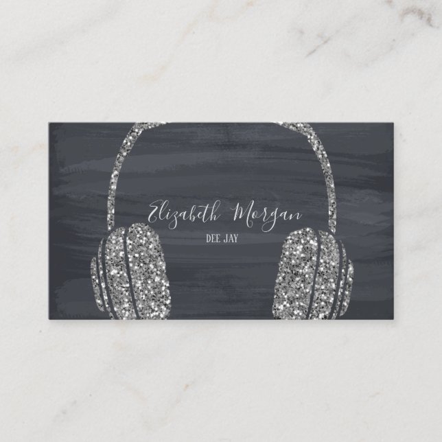 Elegant Modern Silver Glitter Headphone DJ Business Card (Front)
