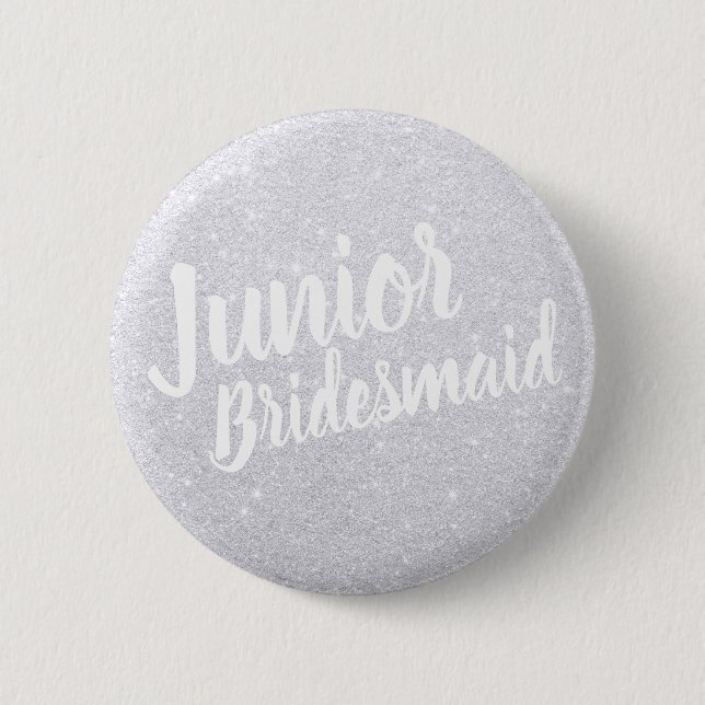 Elegant modern silver glitter junior bridesmaid button (Front)