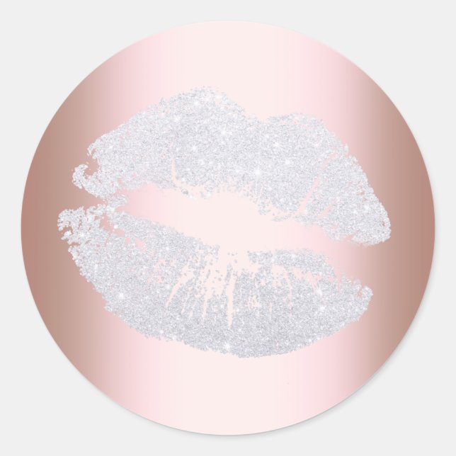 Elegant modern silver glitter lips rose gold classic round sticker (Front)
