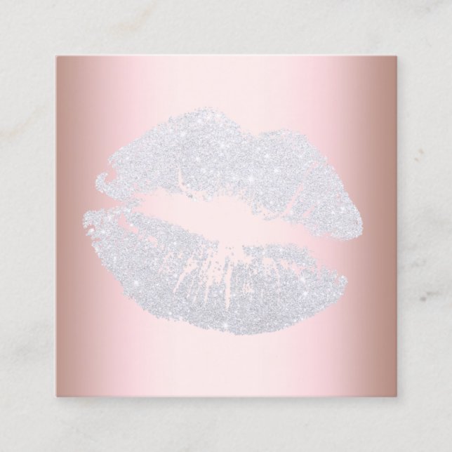 Elegant modern silver glitter lips rose gold square business card (Front)