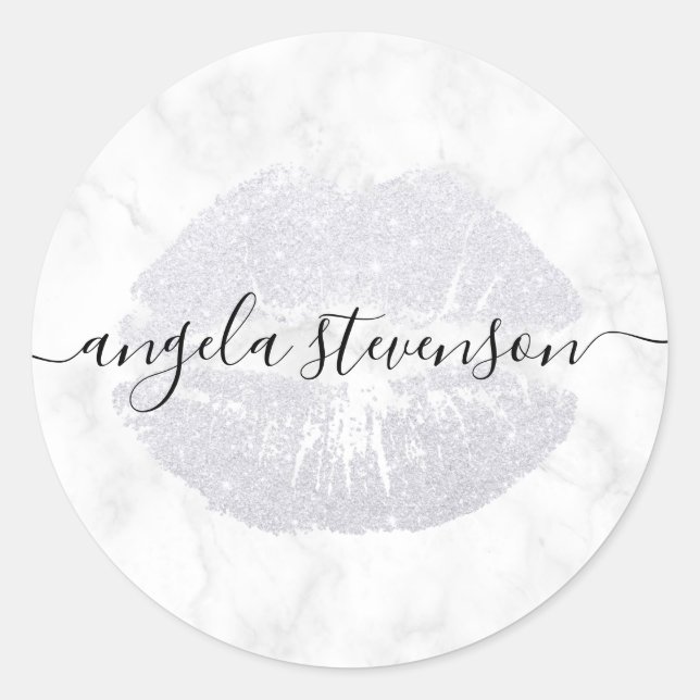 Elegant modern silver glitter lips white marble classic round sticker (Front)