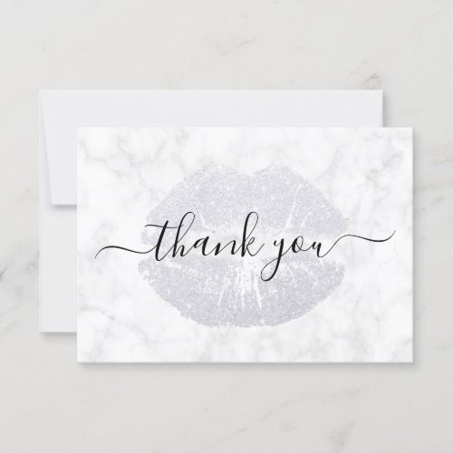 Elegant modern silver glitter lips white marble thank you card