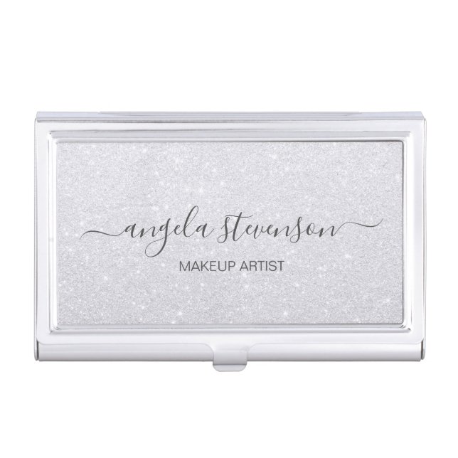 Elegant modern silver glitter makeup artist business card case (Front)