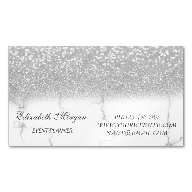 Elegant Modern Silver Glitter Marble Business Card Magnet (Front)