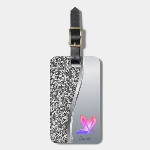 Elegant Modern Silver Glitter MetallicHigh Heels Luggage Tag