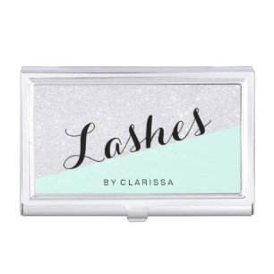 Elegant modern silver glitter mint green lashes business card case