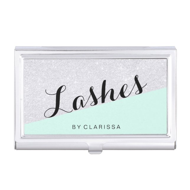 Elegant modern silver glitter mint green lashes business card case (Front)
