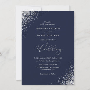 Elegant Modern Silver Glitter Navy Blue Wedding Invitation
