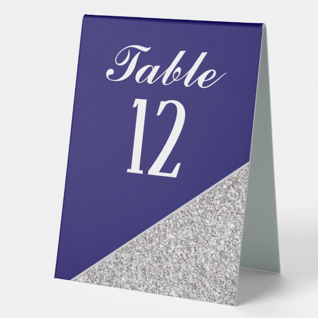 Elegant modern silver glitter on Navy Blue Table Tent (Front)