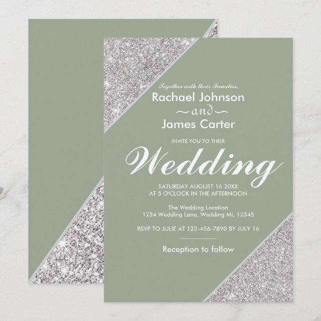 Elegant modern silver glitter on sage green invitation (Front/Back)