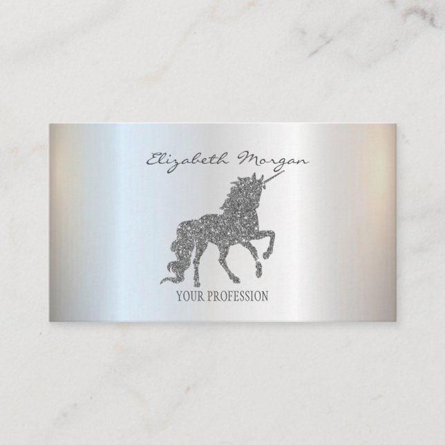 Elegant Modern Silver Glitter Unicorn Business Card (Front)