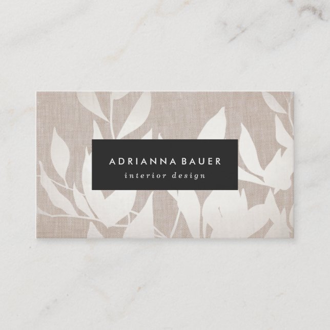 Elegant Modern Silver Leaves Nature Tan Linen Look Business Card (Front)