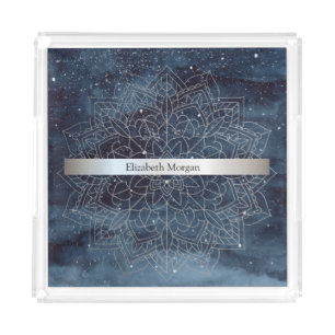 Elegant Modern Silver Mandala Stripe Navy Blue Acrylic Tray