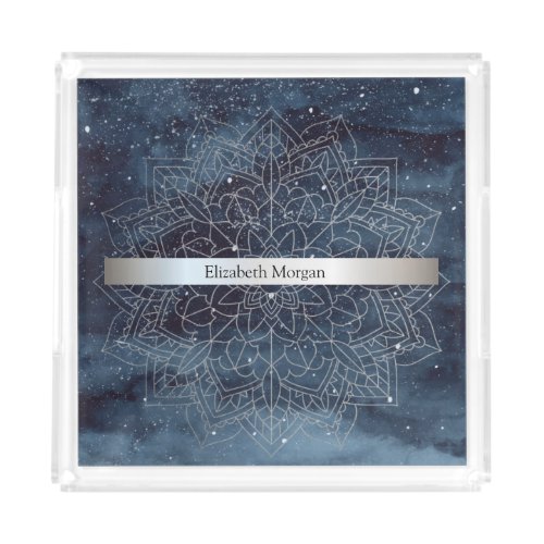 Elegant Modern Silver Mandala Stripe Navy Blue Acrylic Tray