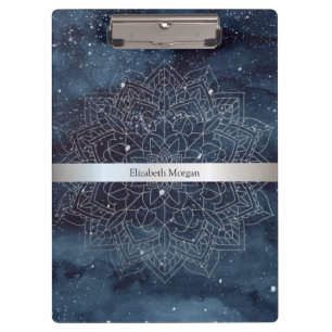 Elegant Modern Silver Mandala Stripe Navy Blue Clipboard
