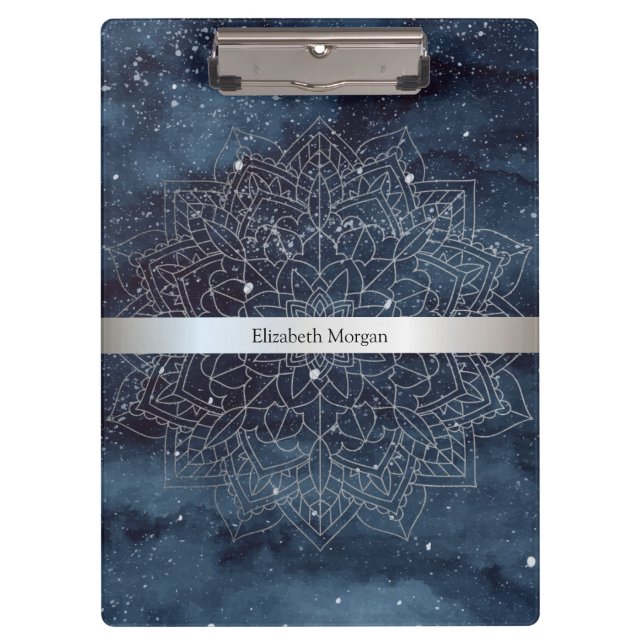 Elegant Modern Silver Mandala Stripe Navy Blue Clipboard (Front)