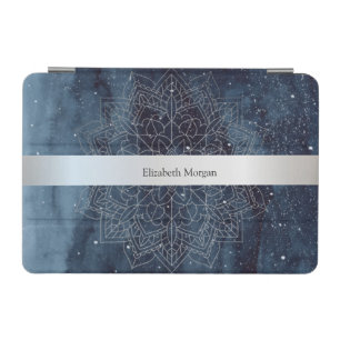 Elegant Modern Silver Mandala Stripe Navy Blue iPad Mini Cover