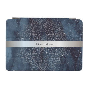 Elegant Modern Silver Mandala Stripe Navy Blue iPad Mini Cover