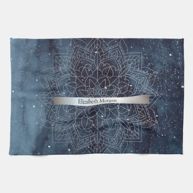 Elegant Modern Silver Mandala Stripe Navy Blue Kitchen Towel (Horizontal)