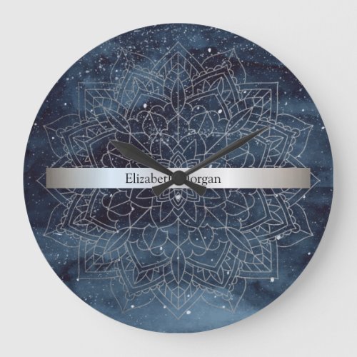 Elegant Modern Silver Mandala Stripe Navy Blue Large Clock